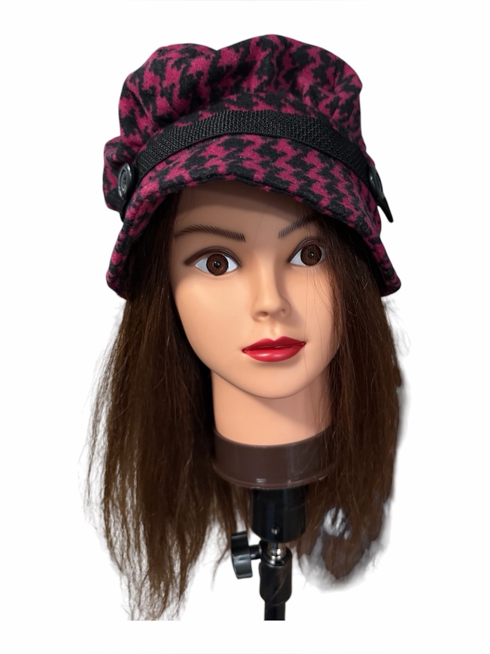 Stylish Magenta Houndstooth Slouchy Newsboy Hat black trim Y2K parisian chic